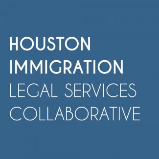 Blue square with white letters that say Houston Immigration Legal Services Collaborative
