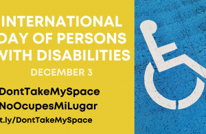 rectangle shape, half yello and the other half blue in color, the words International Day Of Persons With Disabilities, December 3, hastags #DontTakeMy Space #NoOcupesMiLugar, th link bit.ly/DontTakeMySpace. There is a figure of a person sitting in a wheelchair.