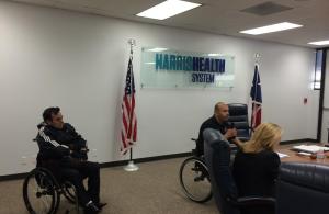 Living Hope President Noe Ramirez and Living Hope member Abundio Ramirez advocating to the Harris Health Board of Directors to reinstate the medical supplies program that gave out supplies to their patients that need them.